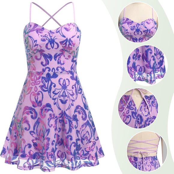 Women Sequin Mini Dress Flared A-Line Short Backless Cocktail Party Dress - Picture 3 of 6